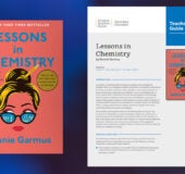 Lessons in Chemistry header with the book cover and front cover of the guide against a blue background.