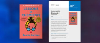 Lessons in Chemistry header with the book cover and front cover of the guide against a blue background.