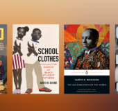 Shows gold and brown background with four book covers across it: Stamped from the Beginning, School Clothes, The Mis-Education of the Negro, Civil Rights Queen