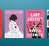 Women's History Month blue background with four titles: American Woman, Twice As Hard, Lady Justice, Undaunted