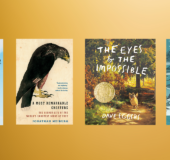 4 books against a gold background: Better Living Through Birding A Most Remarkable Creature The Line Tender THE EYES AND THE IMPOSSIBLE